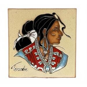 Cleo Teissedre Native American Hand Painted Ceramic Tile Trivet Wall Art Signed